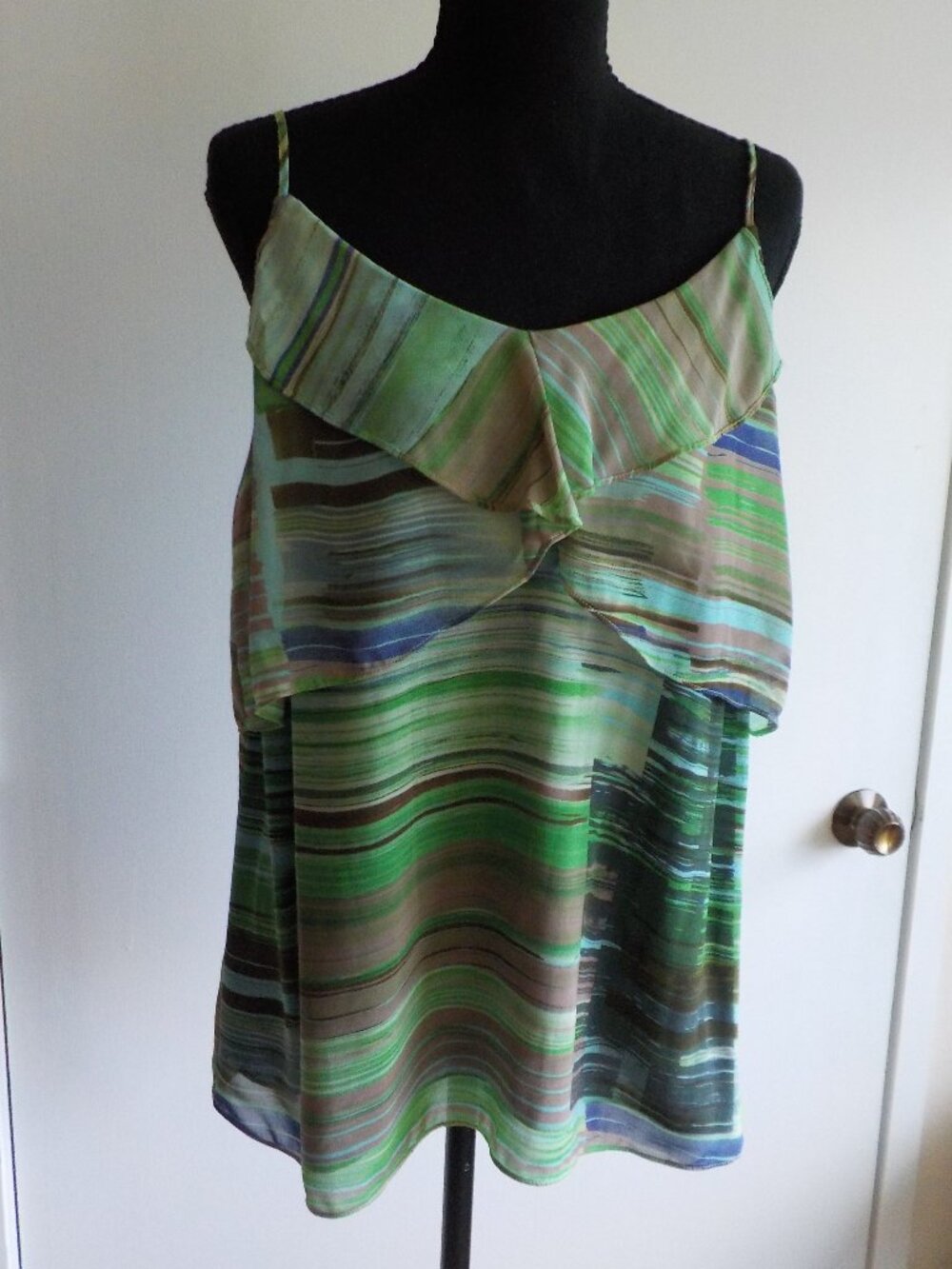 Cabi Blouse - Medium - Green Brown Blue Thin Straps Flowy Ruffle Lined (2547)